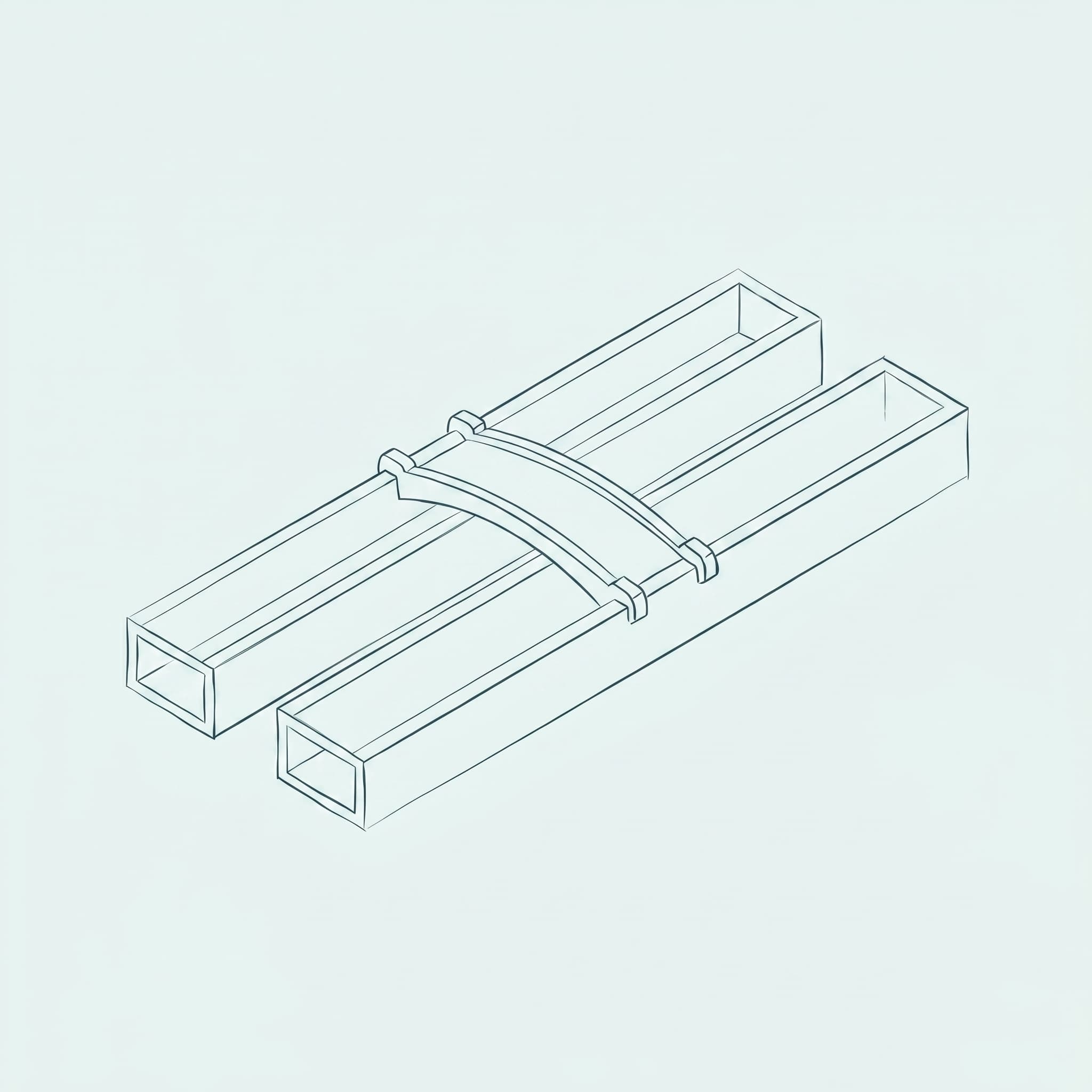 Dark sketched wireframe bridge channels on an off-white mist teal background