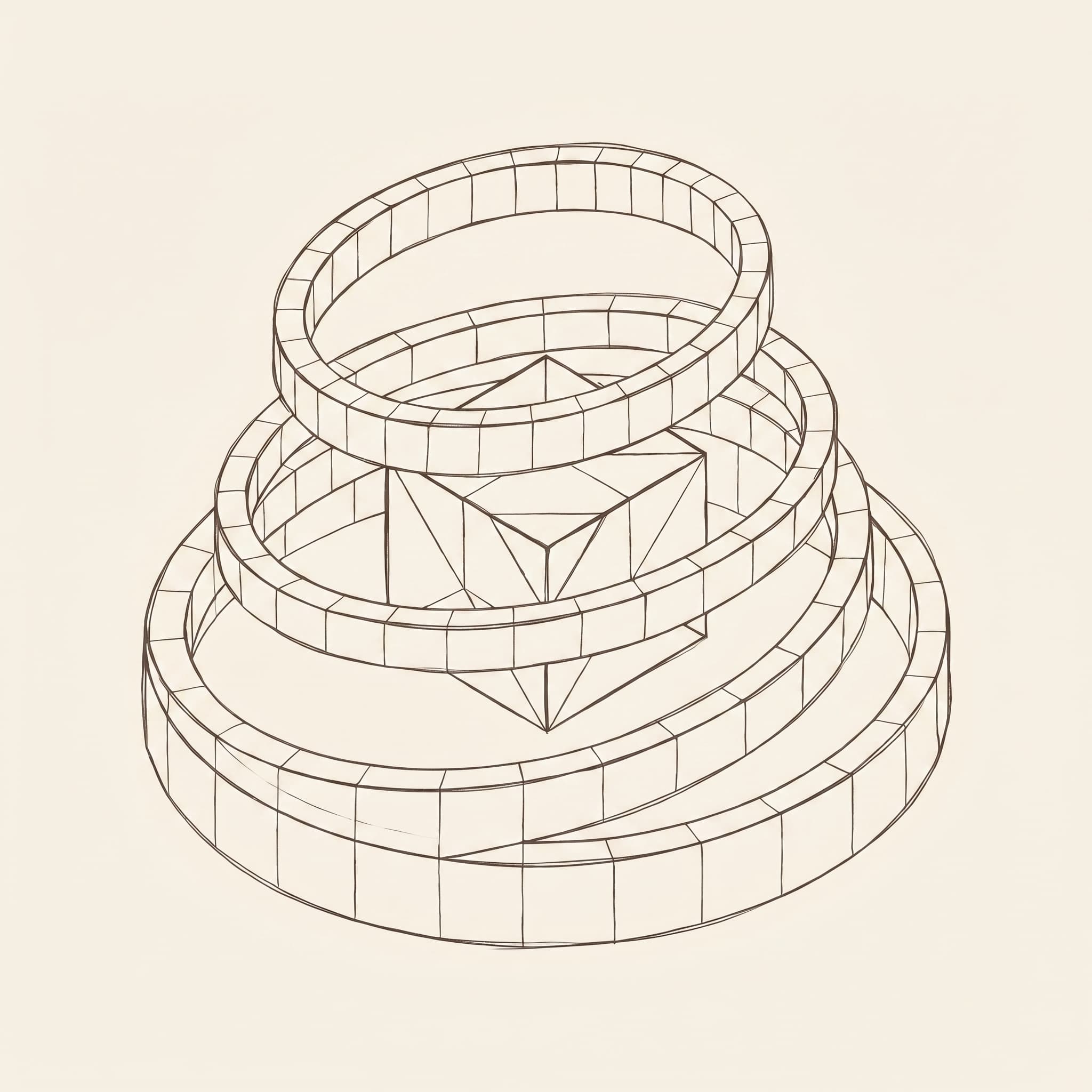 Dark sketched wireframe cost rings around a central core on an off-white warm sand background