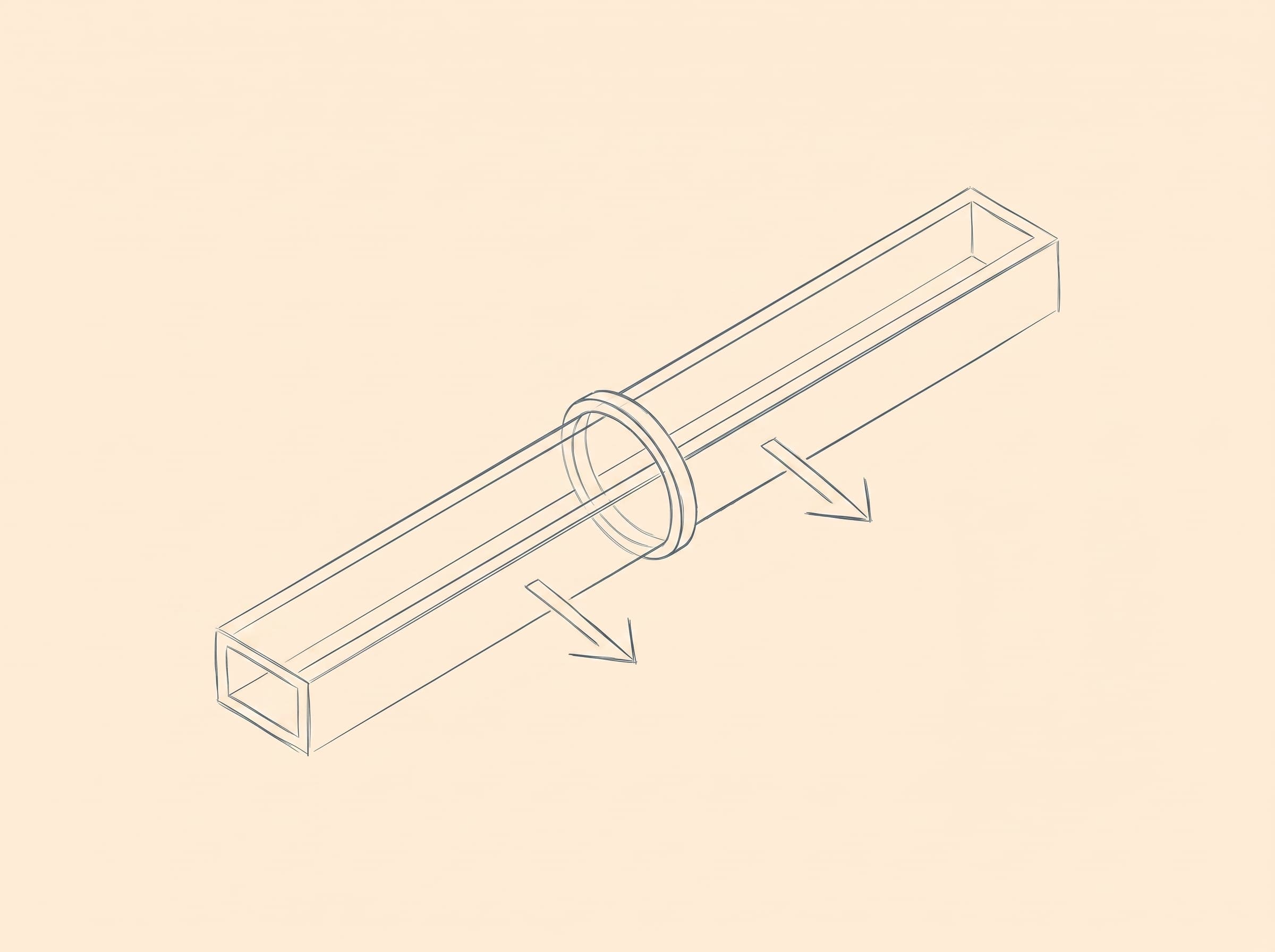 Hairline architect-pencil wireframe of an abstract metered conduit with a gauge ring and two flow arrows on a pale apricot paper background