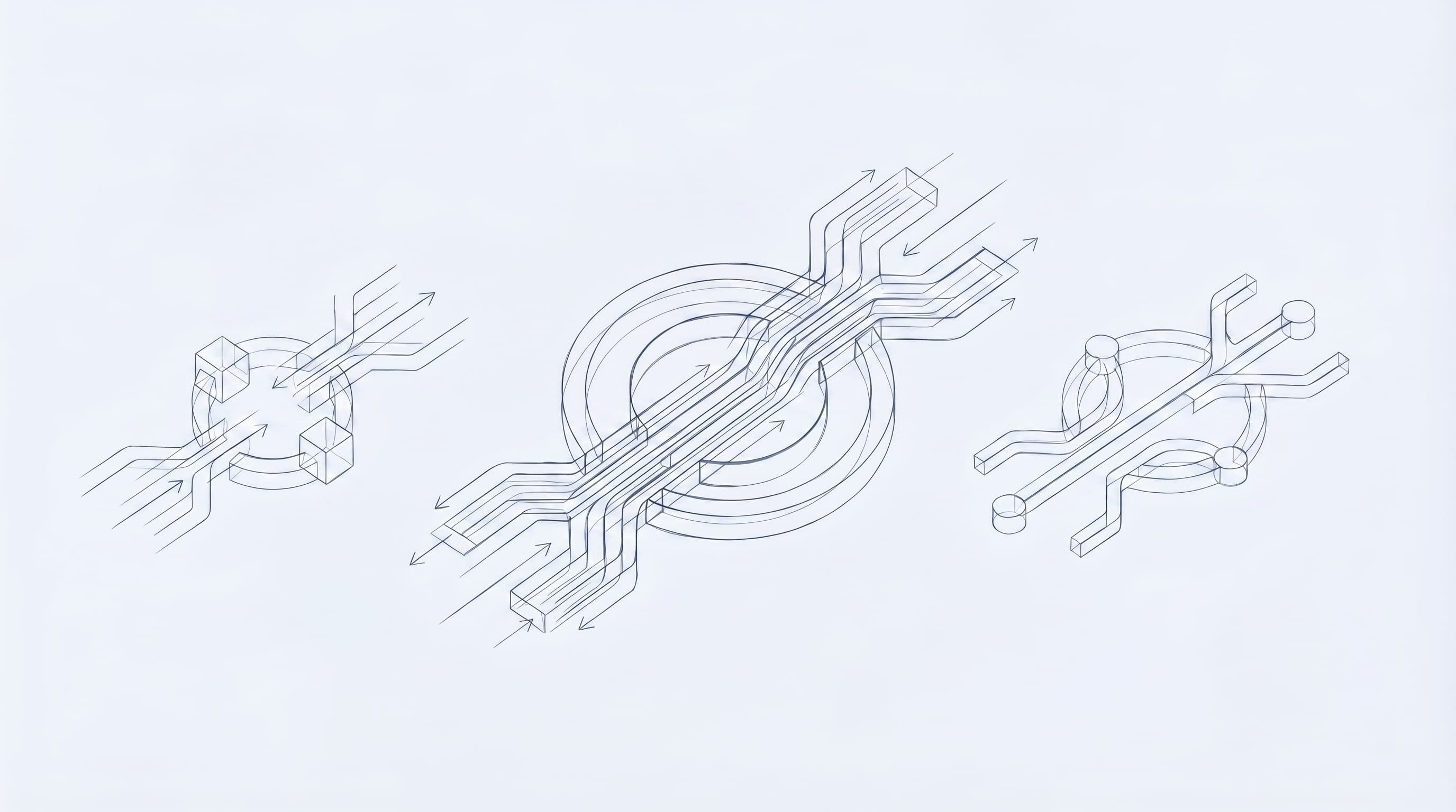 Light editorial generative search cover with three dark wireframe discovery symbols across a wide pastel field