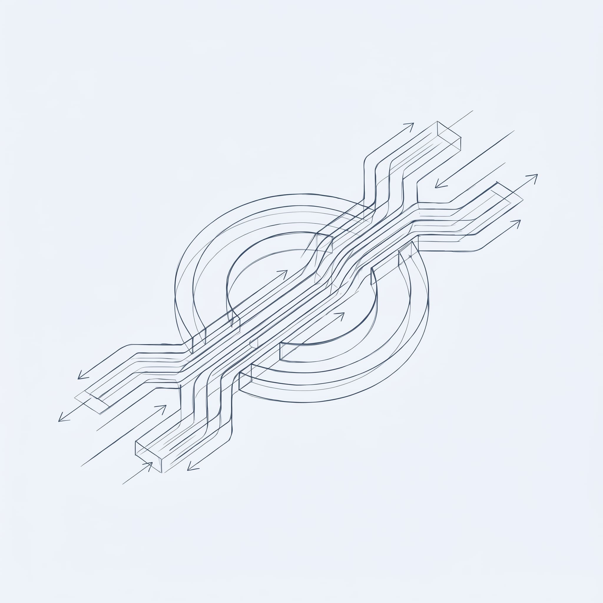 Dark sketched wireframe search aperture and routed paths on an off-white pale blue background