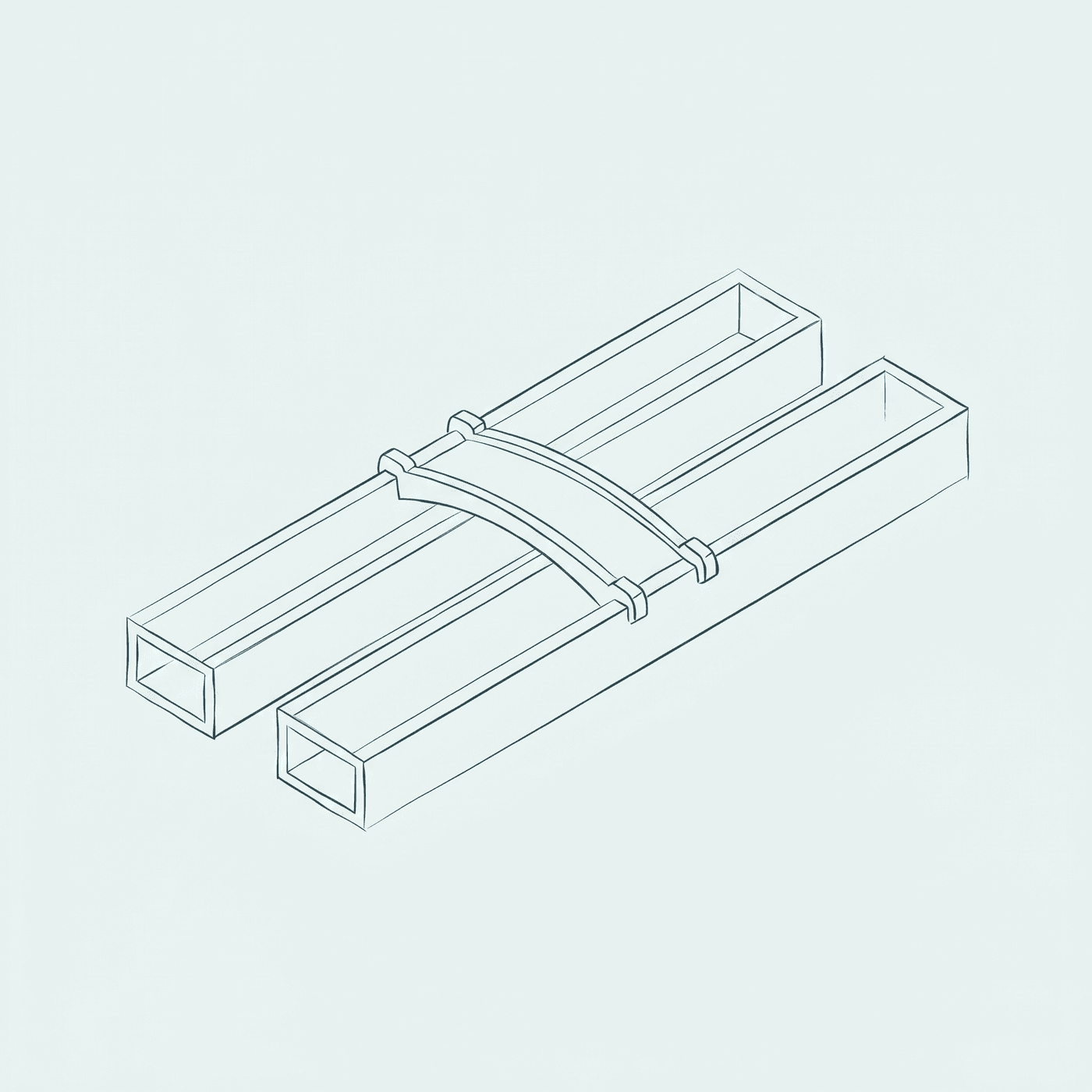 Dark sketched wireframe bridge channels on an off-white mist teal background