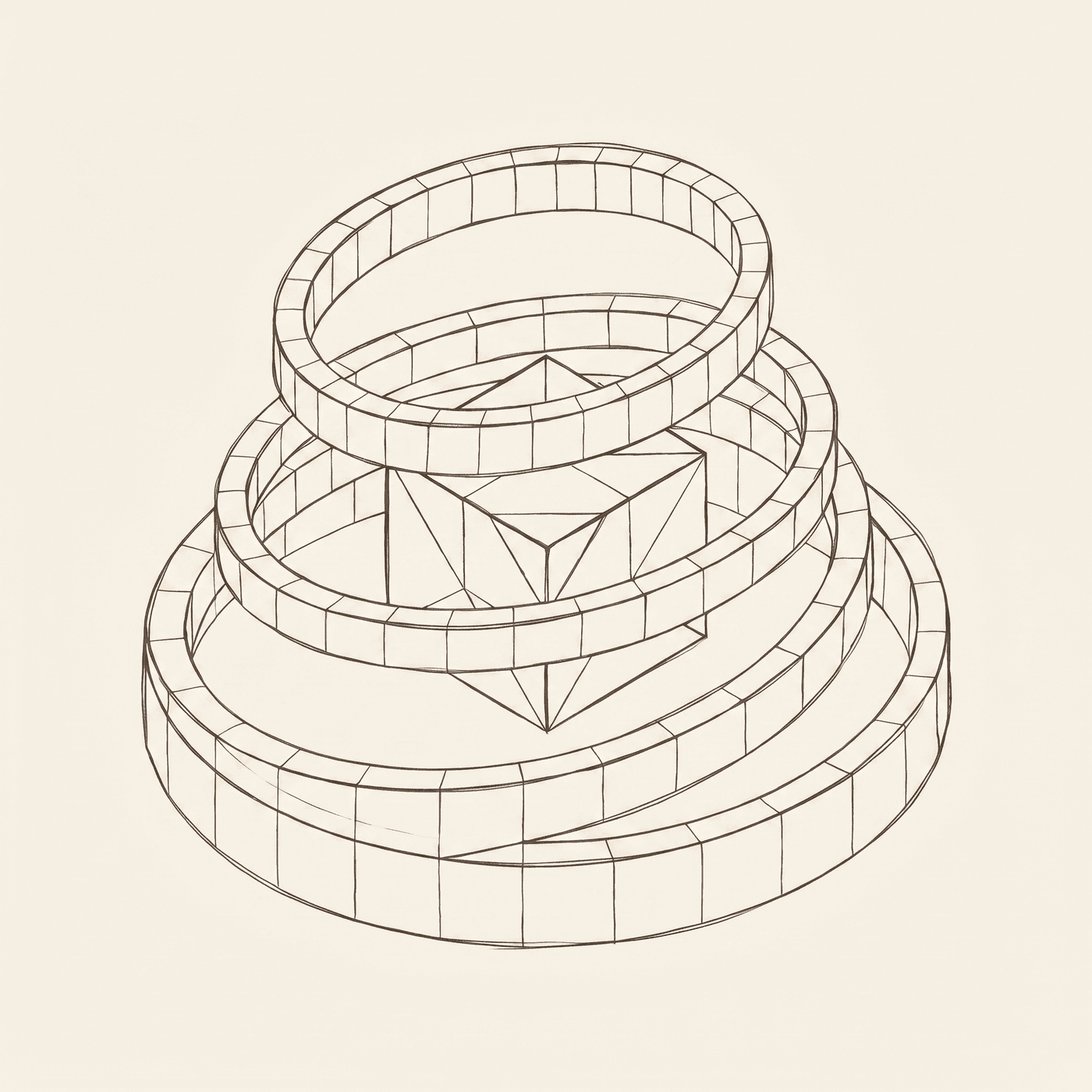 Dark sketched wireframe cost rings around a central core on an off-white warm sand background