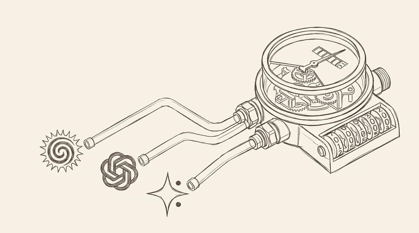 Architect-pencil wireframe sketch of an isometric vintage utility meter with three inlet pipes feeding into it, each terminating in an abstract pencil rendition of the Claude, OpenAI, and Gemini glyphs, on a pale cream paper background