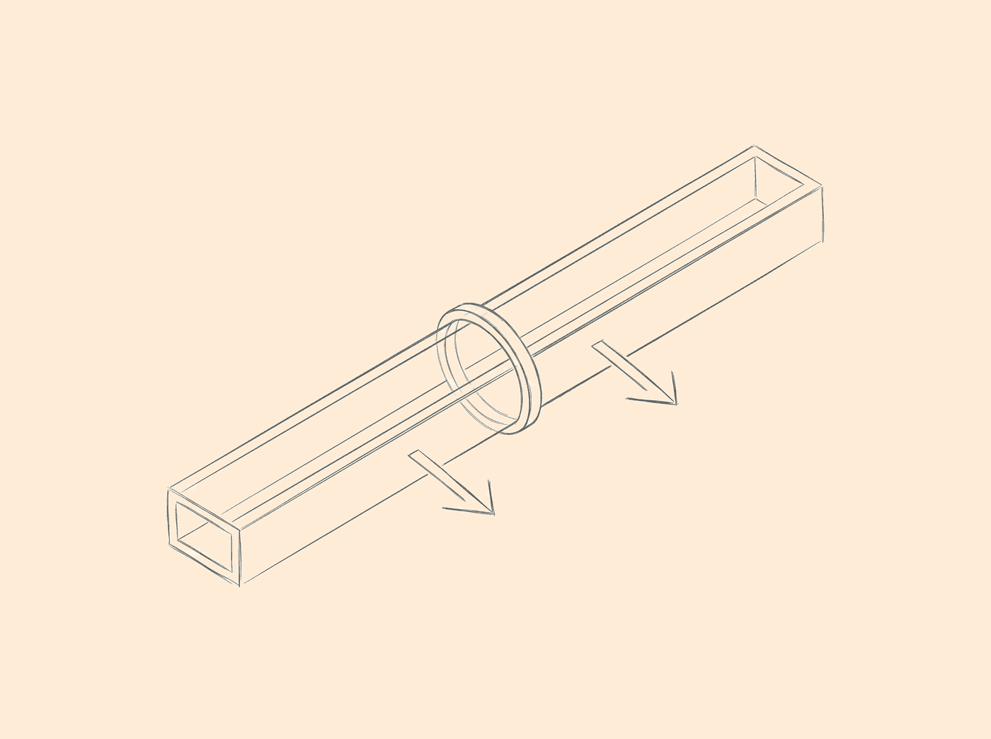 Hairline architect-pencil wireframe of an abstract metered conduit with a gauge ring and two flow arrows on a pale apricot paper background