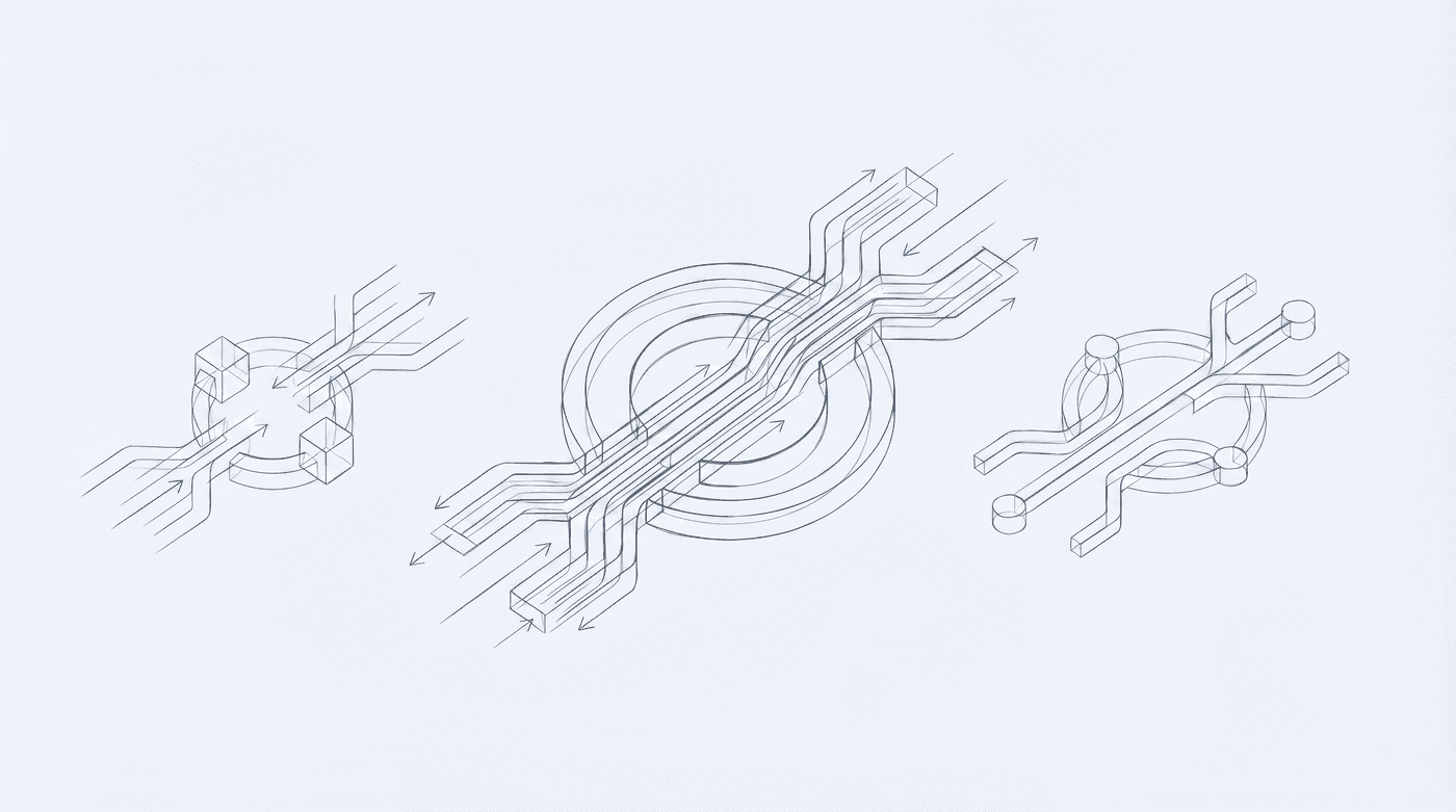 Light editorial generative search cover with three dark wireframe discovery symbols across a wide pastel field
