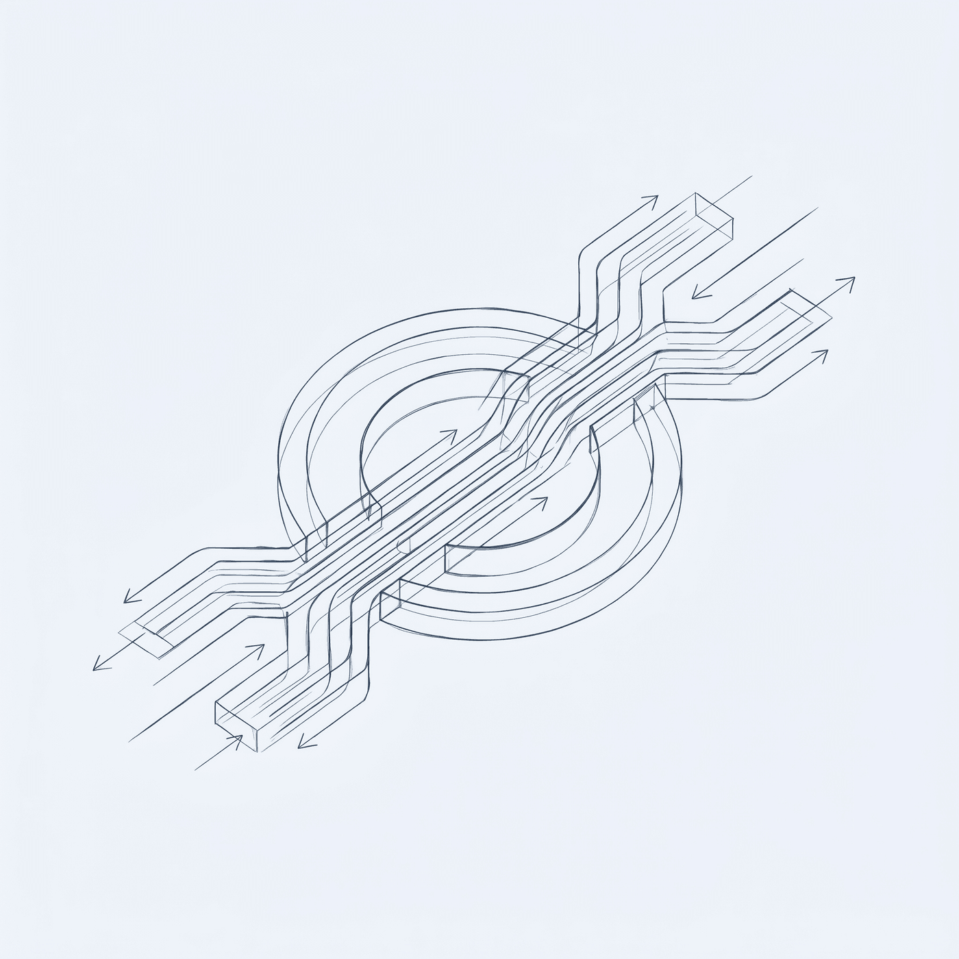 Dark sketched wireframe search aperture and routed paths on an off-white pale blue background