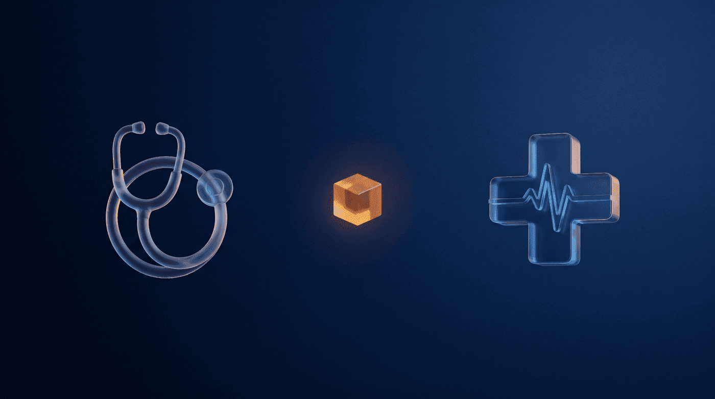 Deep navy editorial cover with three translucent glass objects across a wide field: a stethoscope, a glowing silicon cube, and a pulse glyph