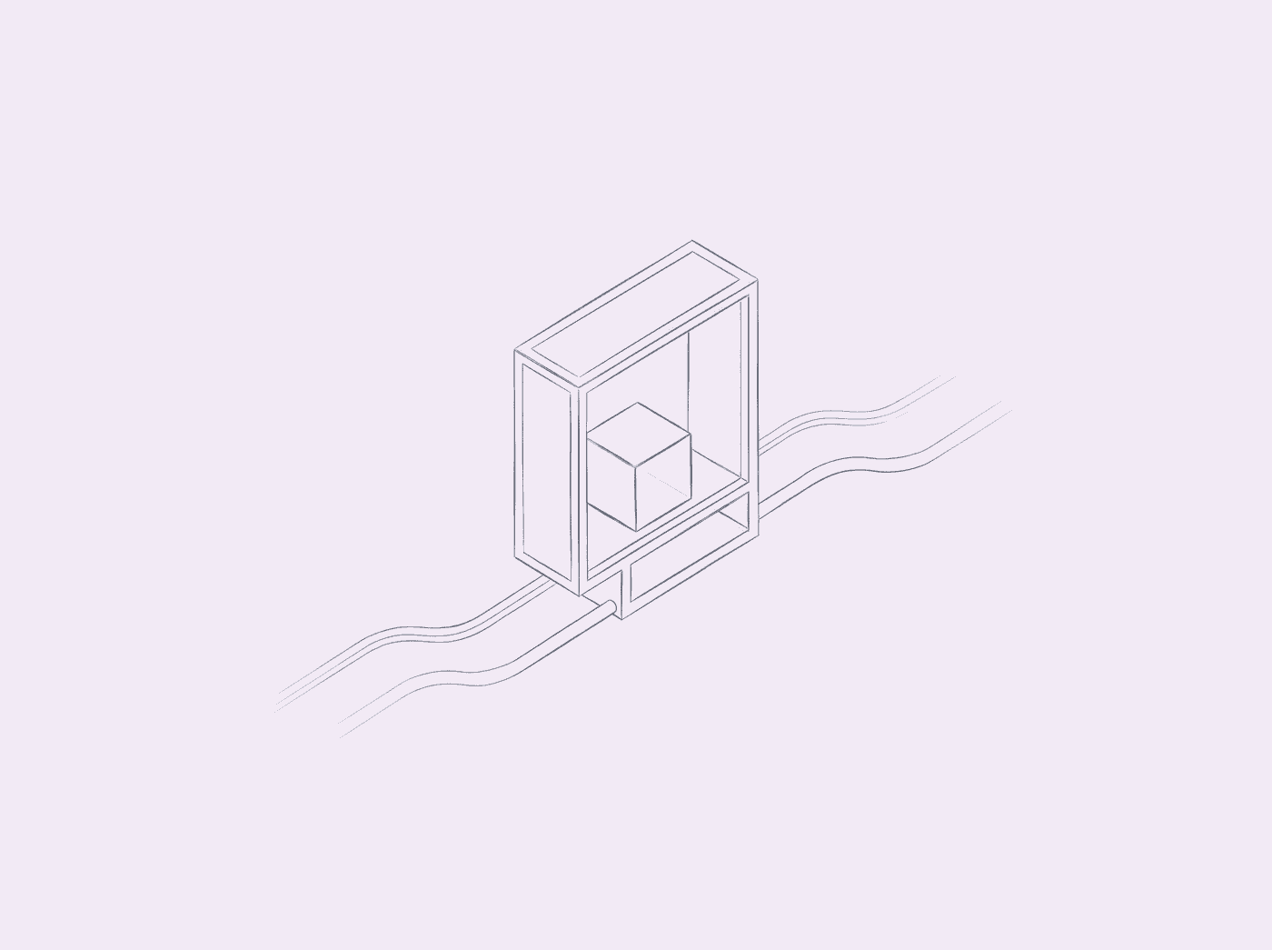 Hairline architect-pencil wireframe of an abstract small-compute-on-device glyph with a cube nested in an open frame and two trailing rails on a pale lilac paper background