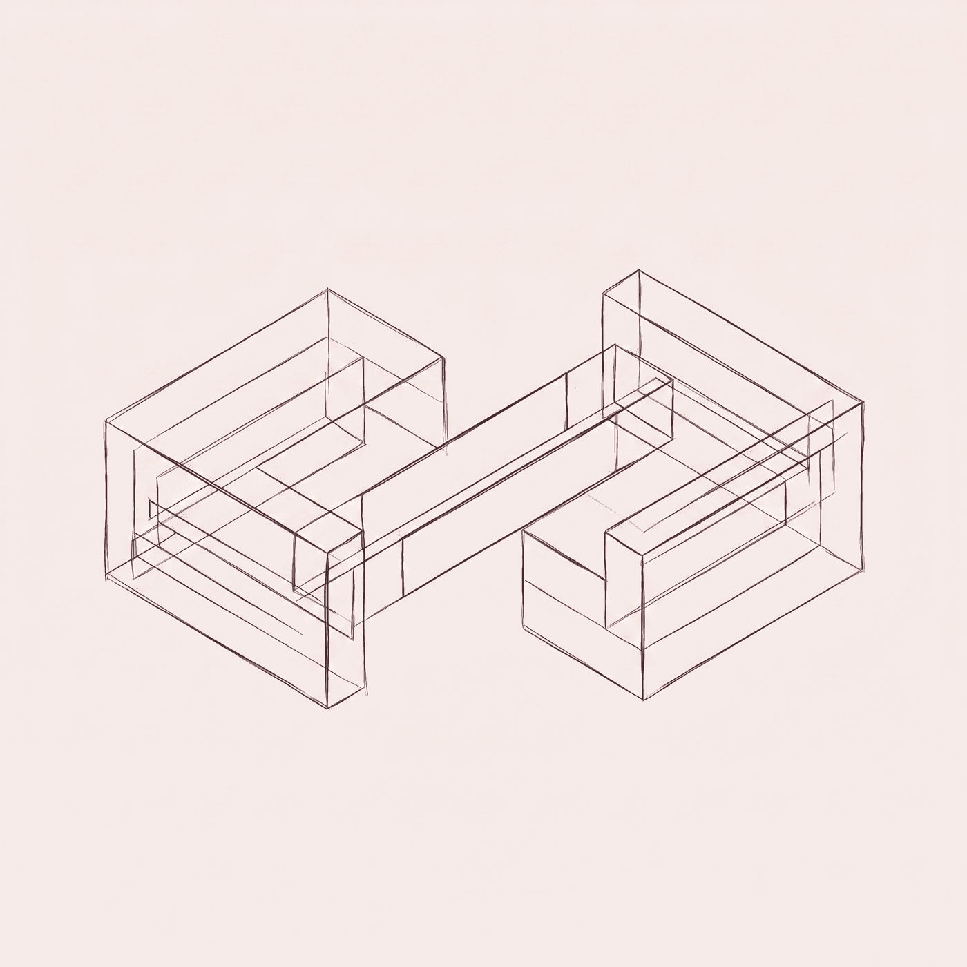 Dark sketched wireframe capital corridor on an off-white blush background