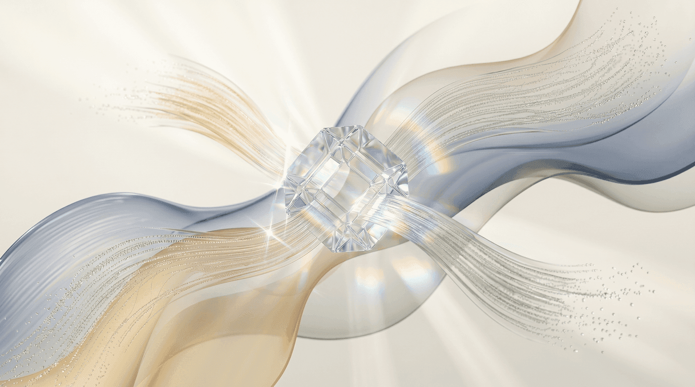 Editorial glass prism refracting light with three translucent ribbons routing through it on a warm cream background, representing the three layers of the emerging clinical AI stack