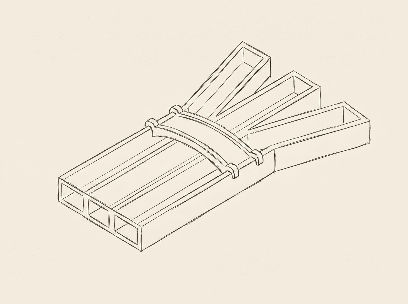 Hairline architect-pencil wireframe of a three-channel clinical routing gate on a pale cream paper background