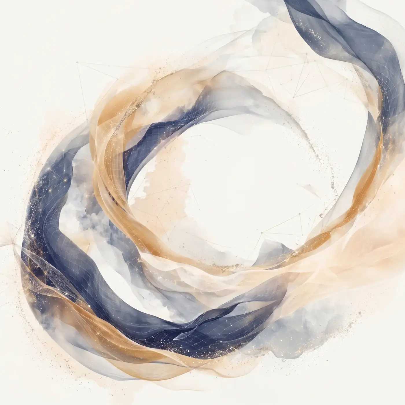 Abstract slate-navy and warm-ochre ribbons in concentric orbital arcs with stardust accents