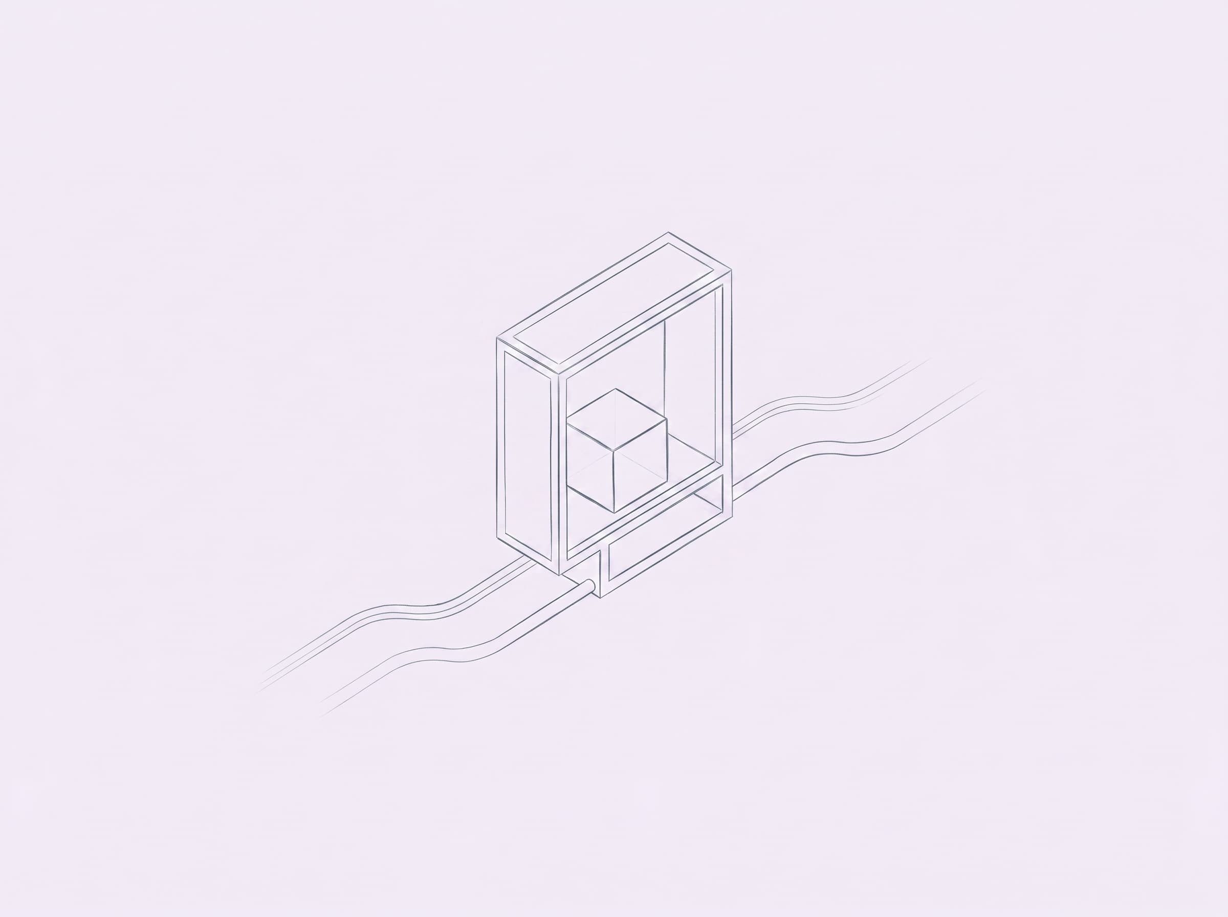 Hairline architect-pencil wireframe of an abstract small-compute-on-device glyph with a cube nested in an open frame and two trailing rails on a pale lilac paper background