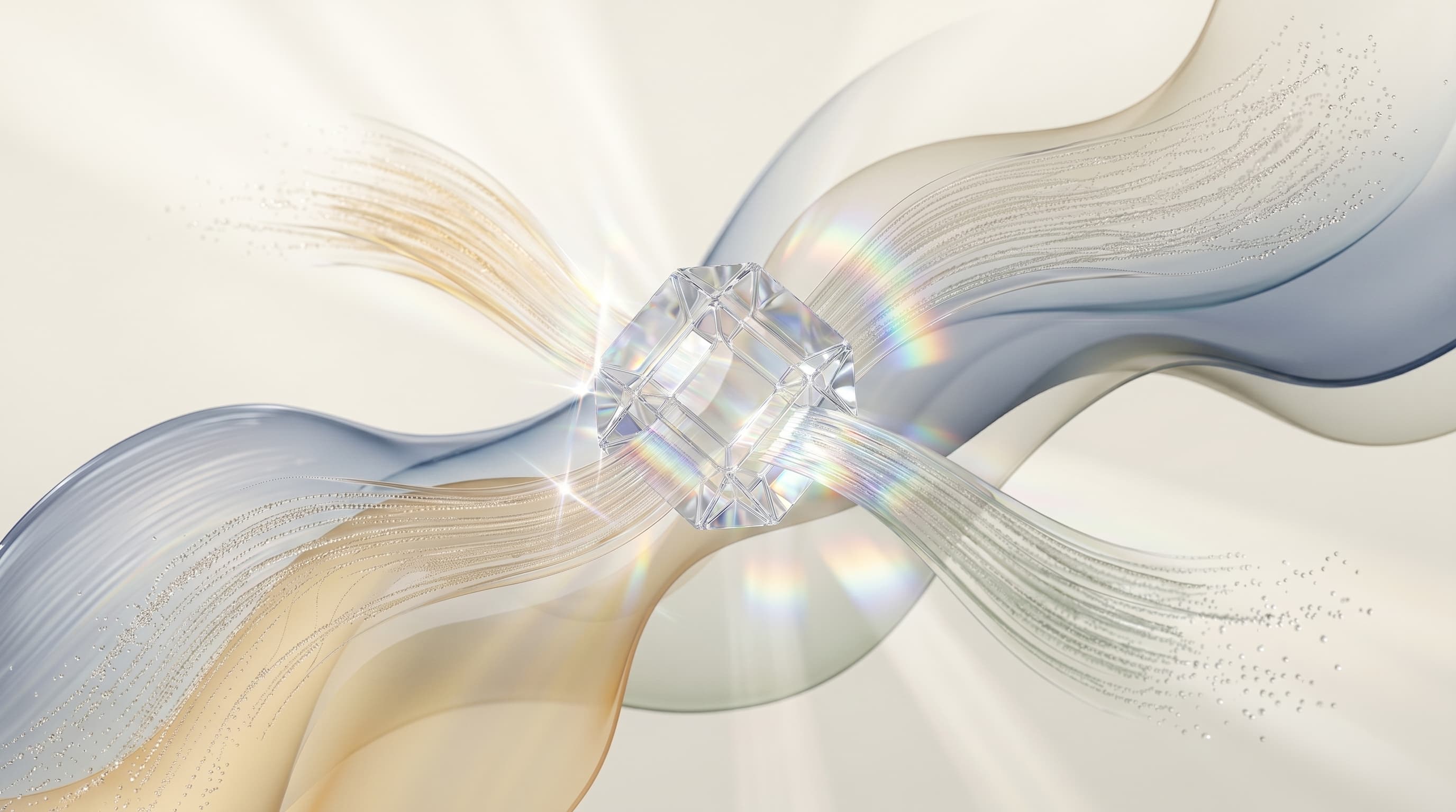 Editorial glass prism refracting light with three translucent ribbons routing through it on a warm cream background, representing the three layers of the emerging clinical AI stack