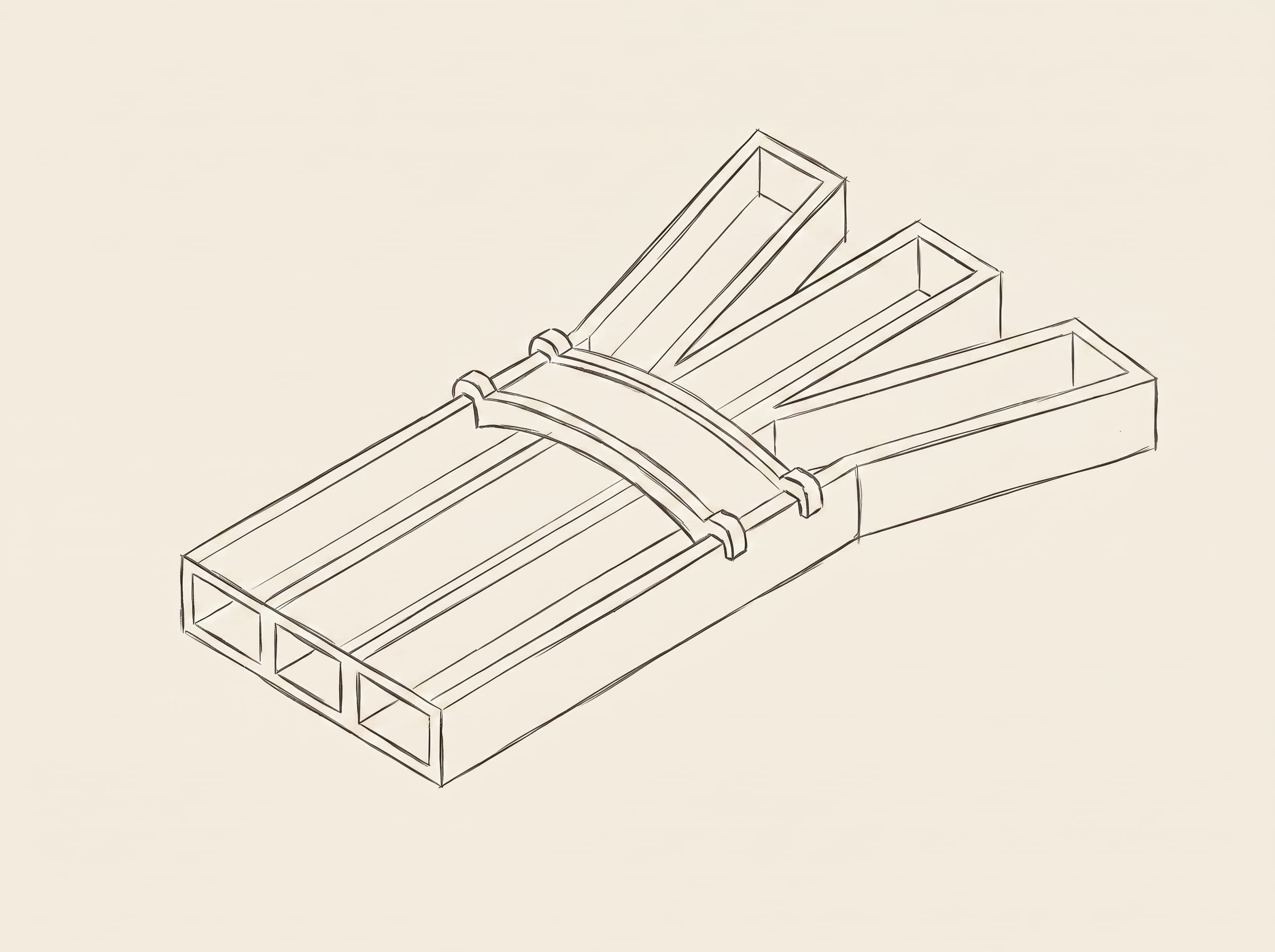 Hairline architect-pencil wireframe of a three-channel clinical routing gate on a pale cream paper background